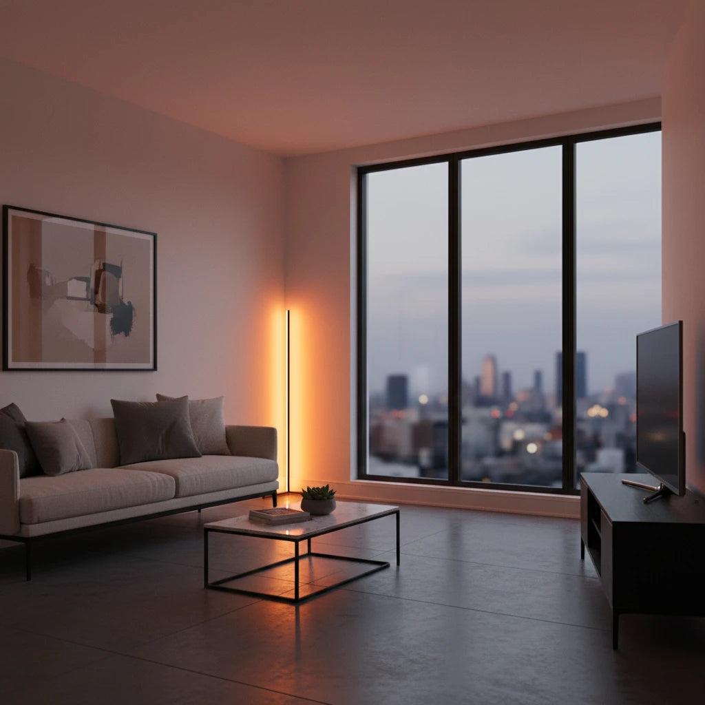 Vibrant RGB LED corner floor lamp glowing in a living room corner