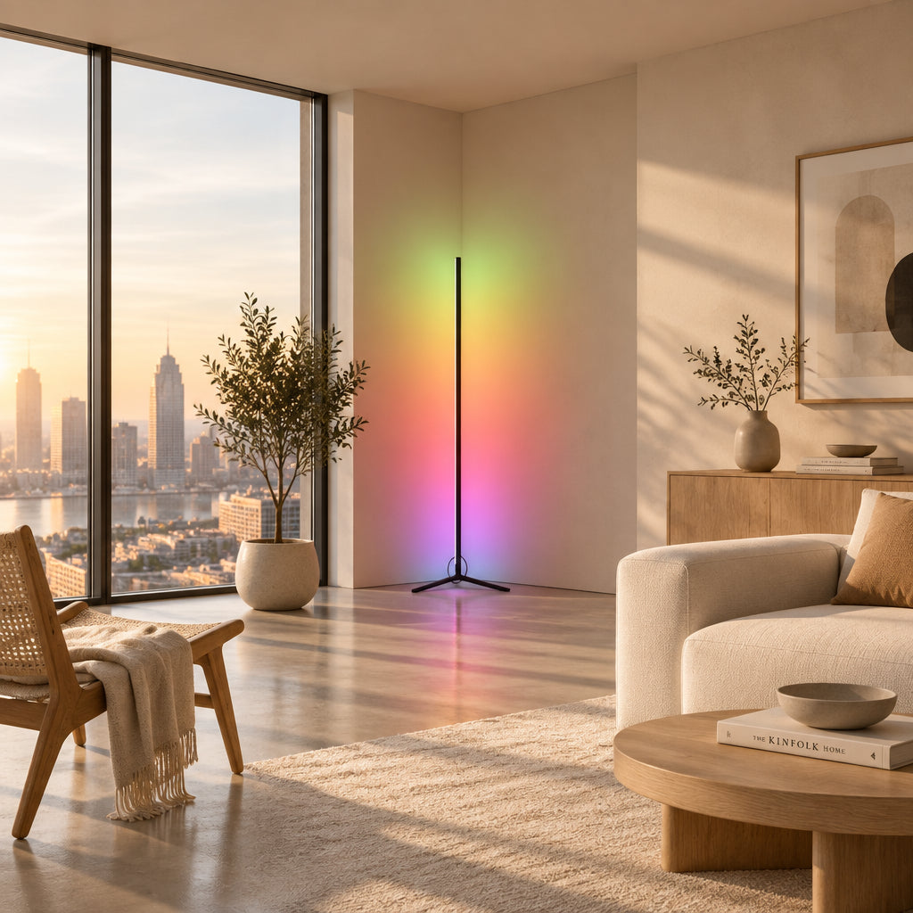 Slim vertical RGB corner floor lamp in bedroom