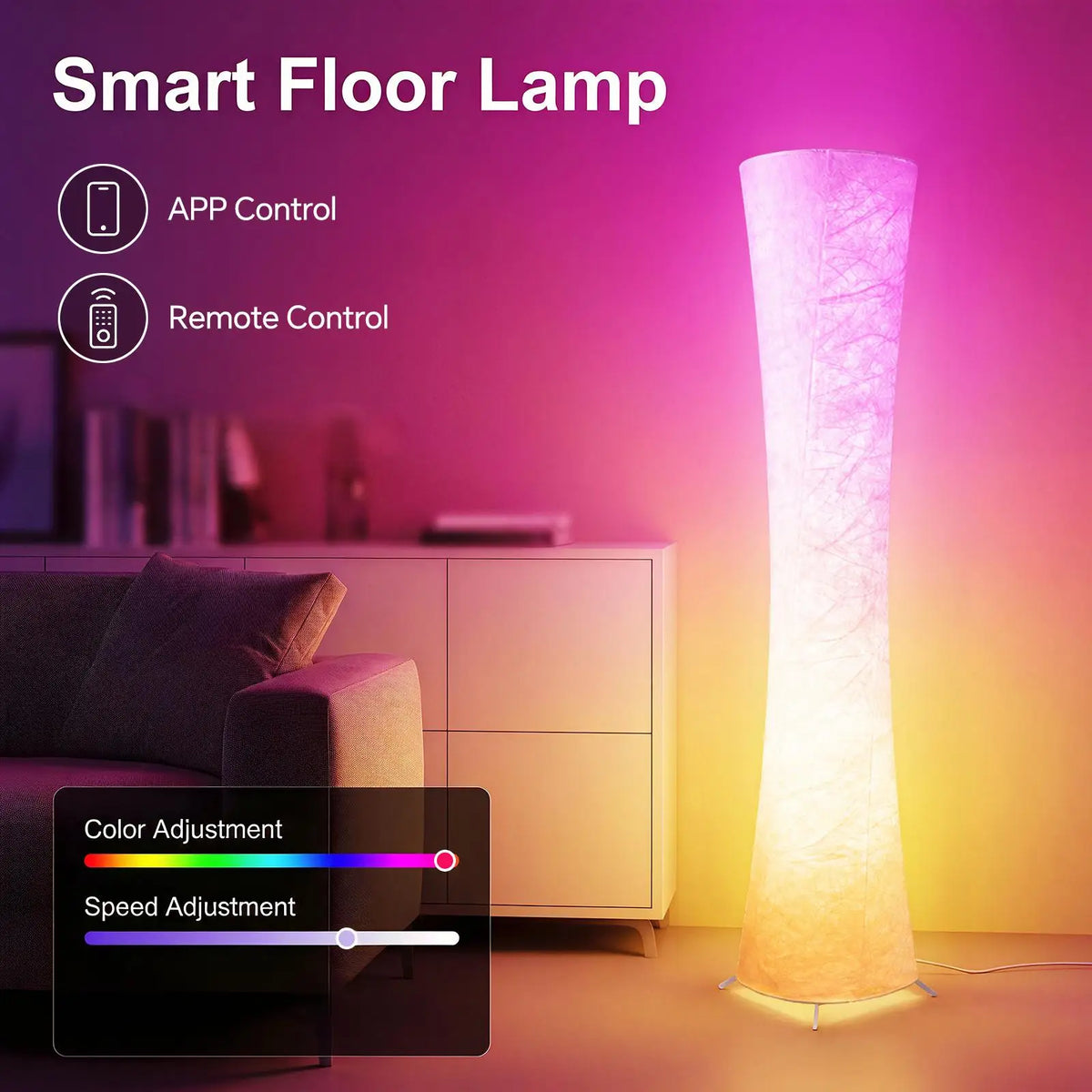 Modern round LED floor lamp in bedroom