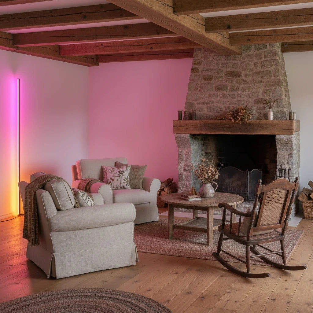 LED corner lamp creating ambient lighting in game room
